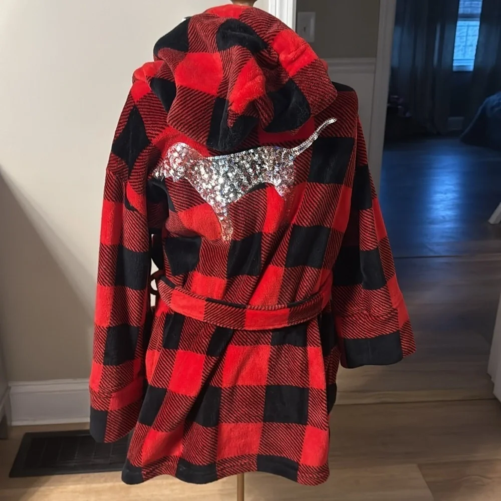 PINK Victoria’s Secret Red & Black Buffalo Plaid Sequin Dog Hooded Robe Sz. XS/S